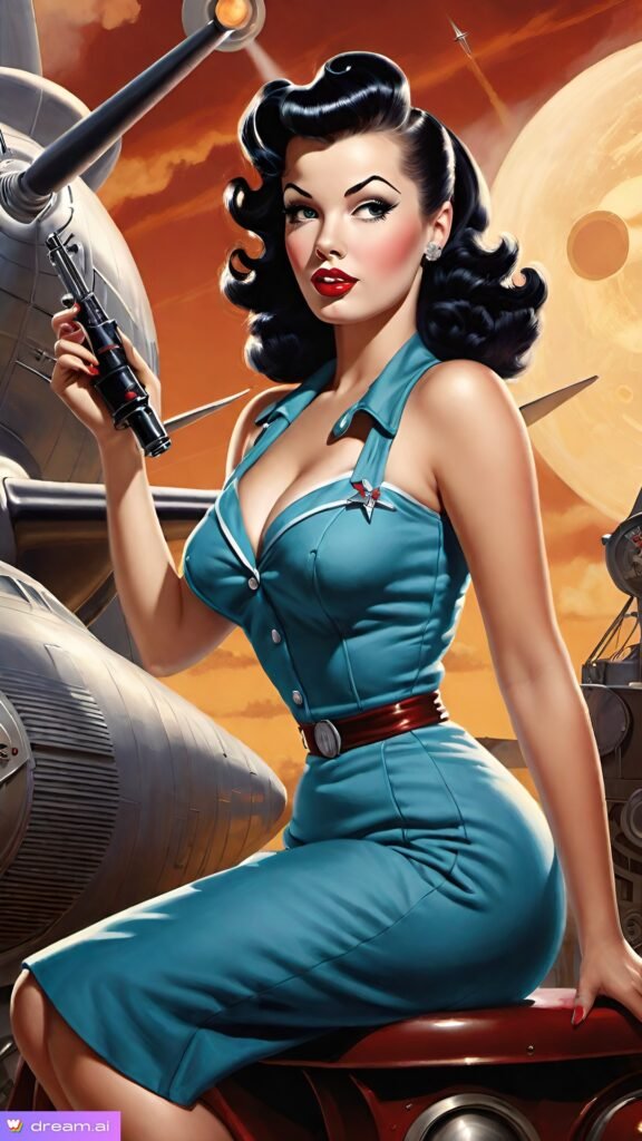 Pinup girl blue dress with dark hair graphic sitting on stool with seductive look.
