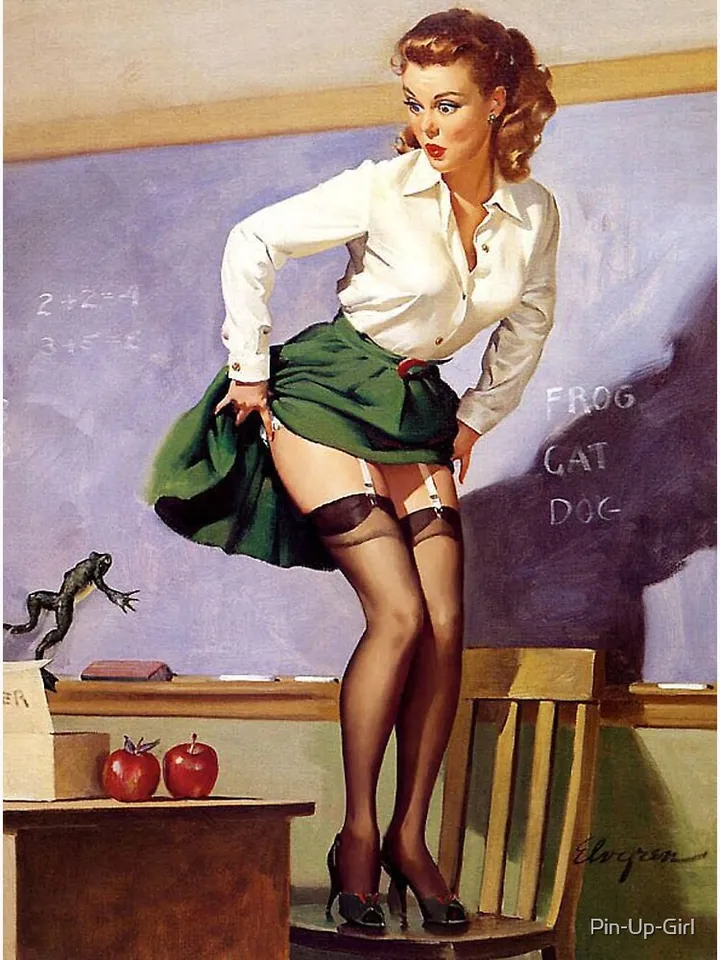 Pinup girl classroom with white blouse upskirt with stockings