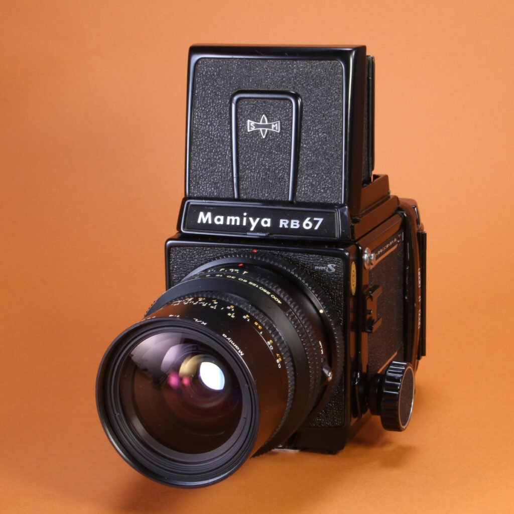 Mamiya RB67 medium format camera with macro lens and waist level finder.