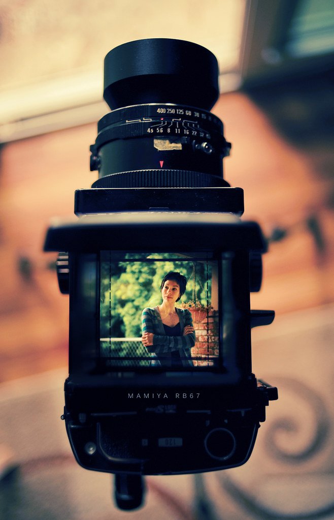 waist level finder looking in RB 67 medium format camera with portrait in view.
